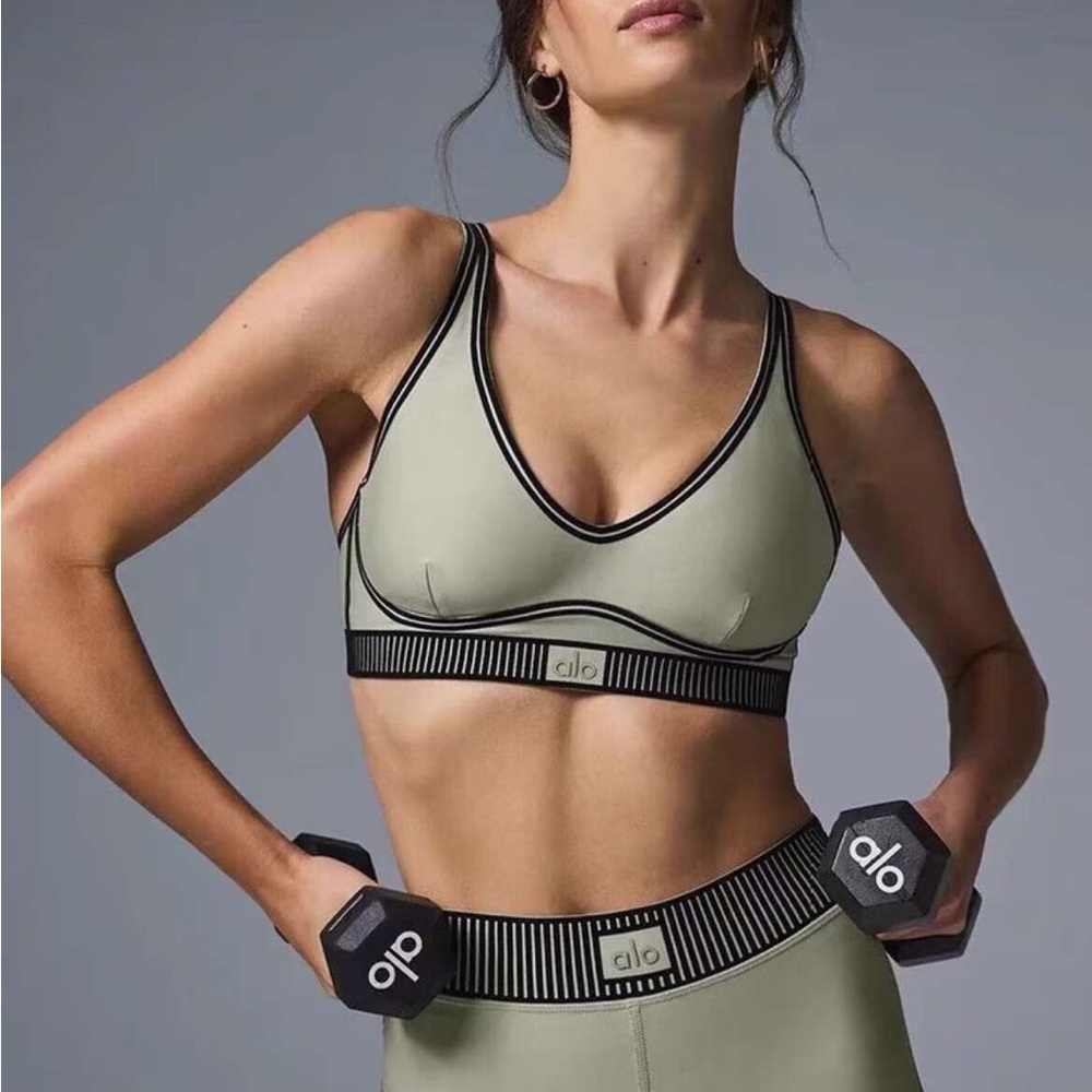ALO Yoga Light Olive Sports Bra with Black Trim
